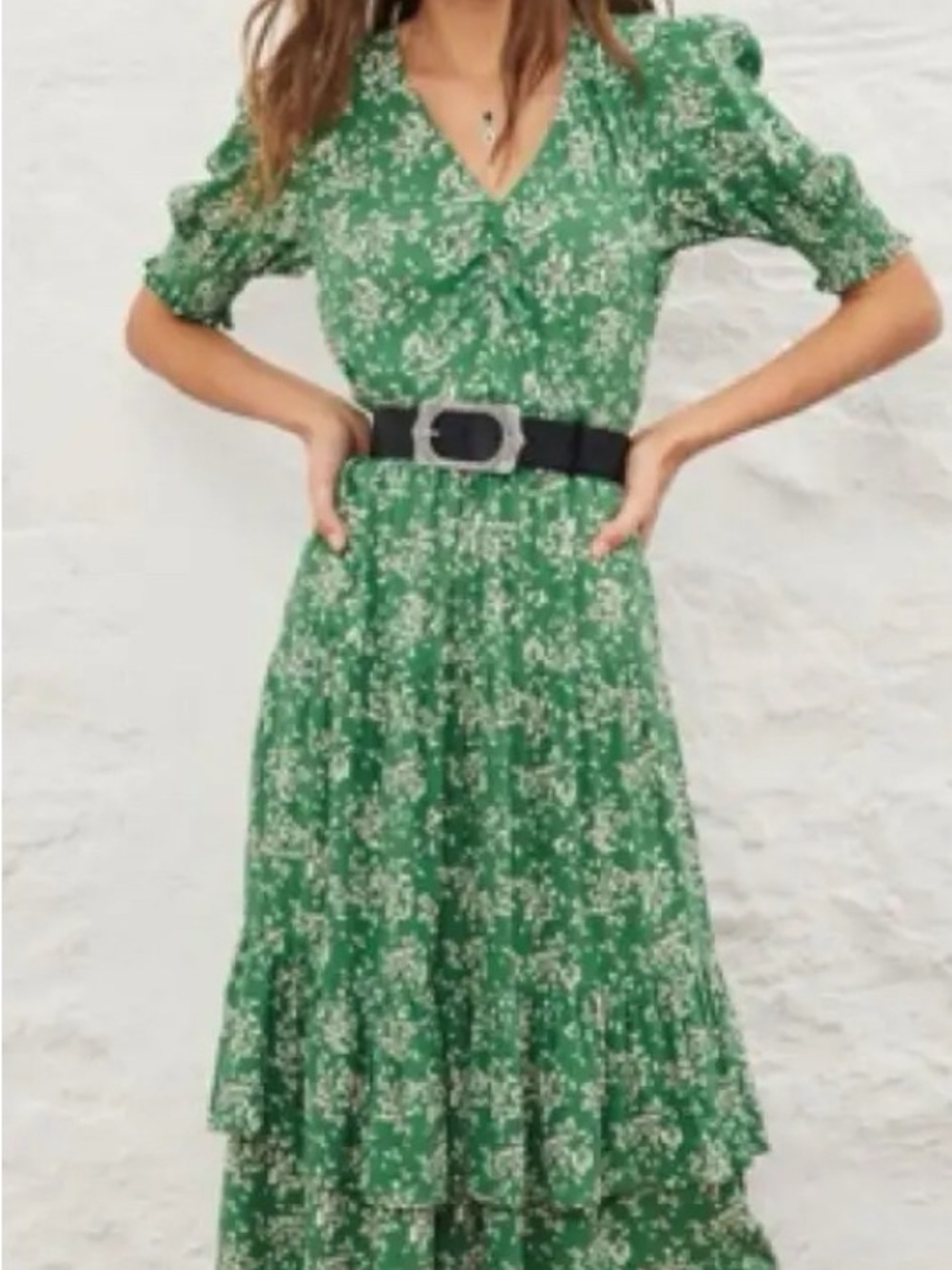 Ba&sh Green Floral V-Neck Tiered Midi Dress